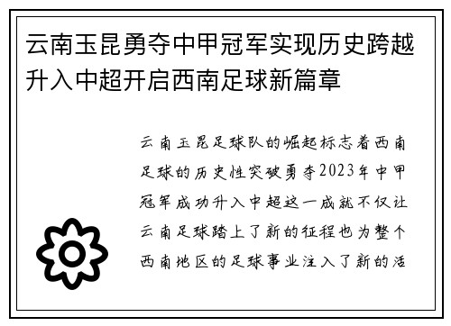 云南玉昆勇夺中甲冠军实现历史跨越升入中超开启西南足球新篇章