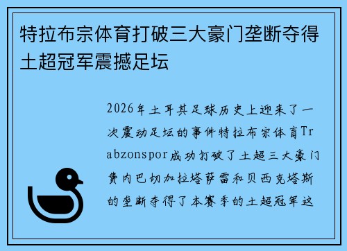 特拉布宗体育打破三大豪门垄断夺得土超冠军震撼足坛 特拉布宗体育打破三大豪门垄断夺得土超冠军震撼足坛